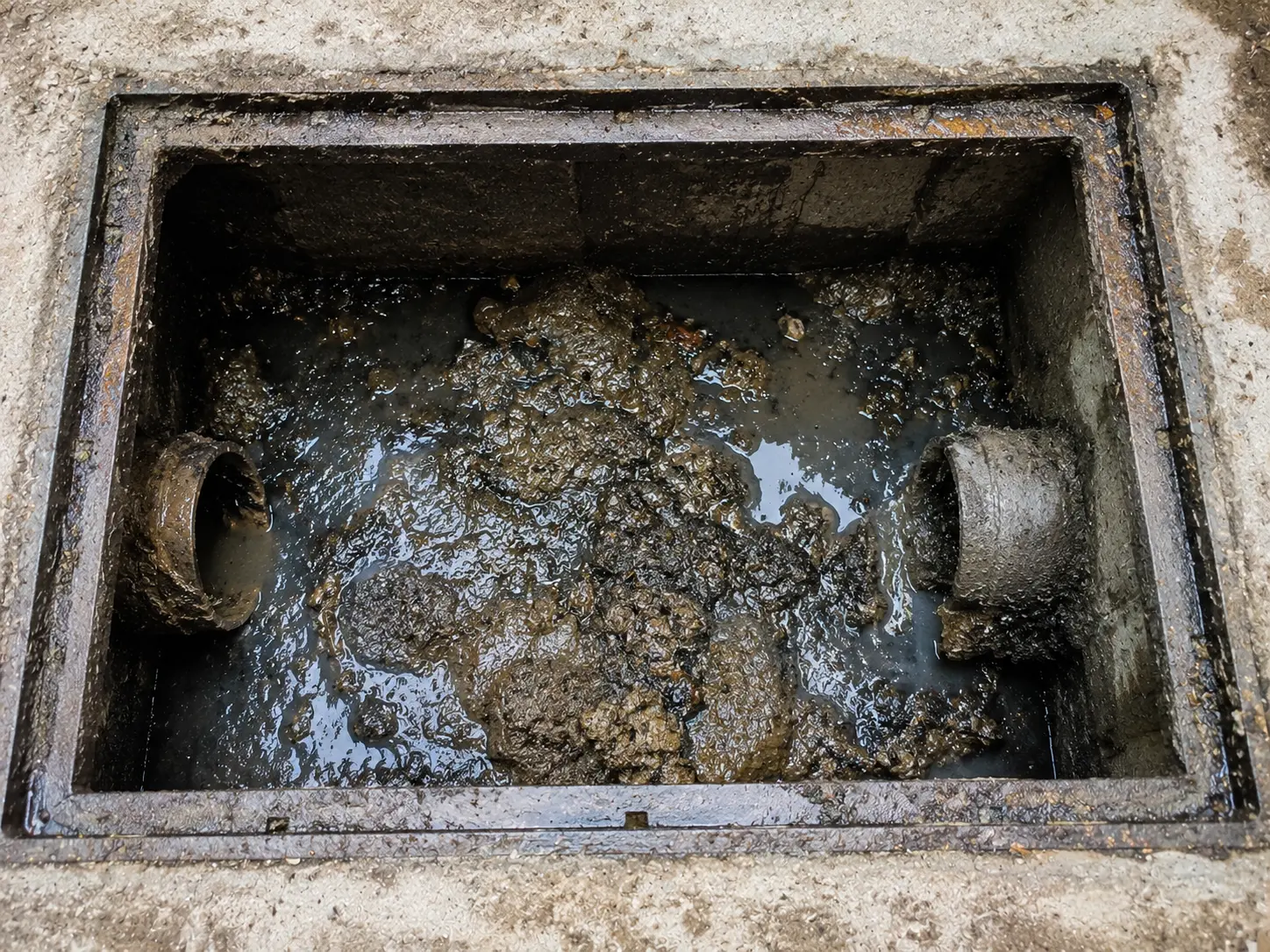 Antes da limpeza: caixa de esgoto entupida em Itaúna, Saquarema
